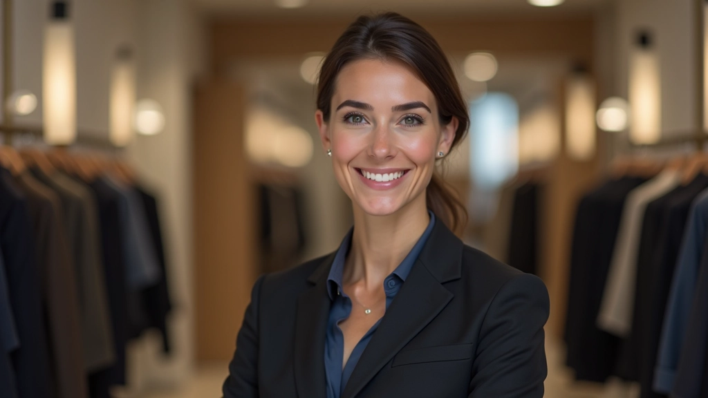 Vendedora sorrindo para cliente durante conversa, ambiente de loja com produtos de moda ao fundo, luz clara e acolhedora