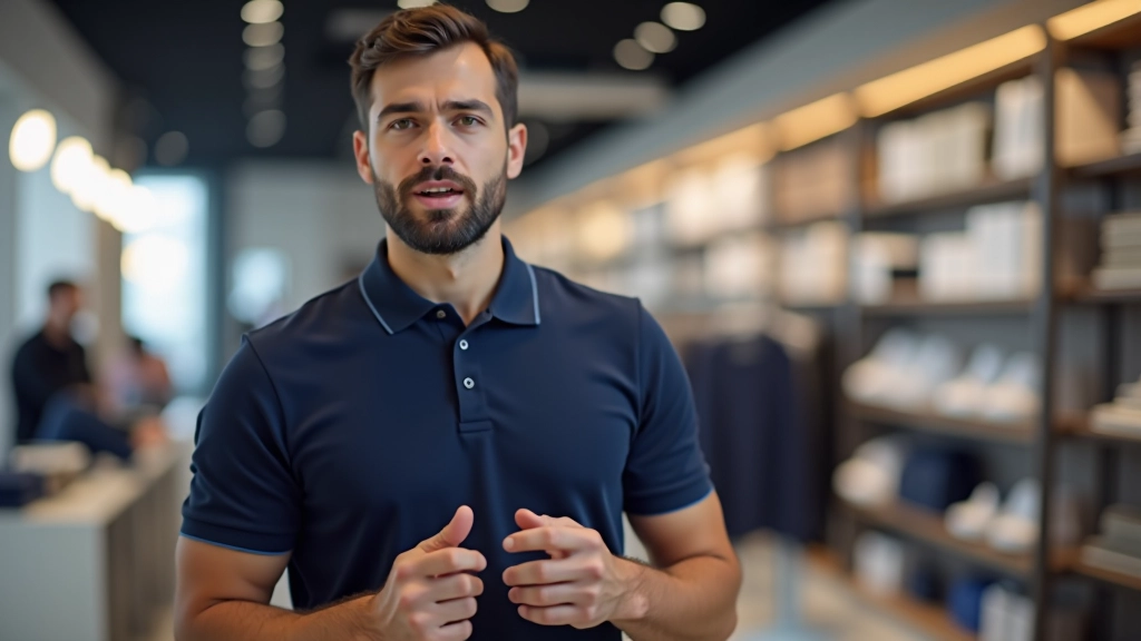 Vendedor mostrando detalhe de um produto a cliente interessado em loja moderna
