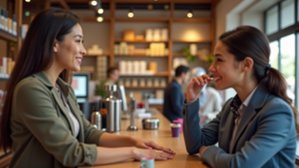 Diálogo entre vendedor e cliente em balcão, sorrindo enquanto discutem características do produto