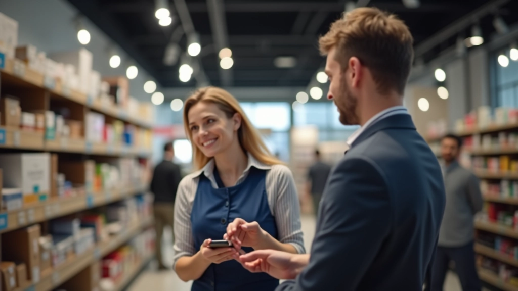 Vendedor acompanhando cliente pela loja, indicando produtos e explicando detalhes com entusiasmo
