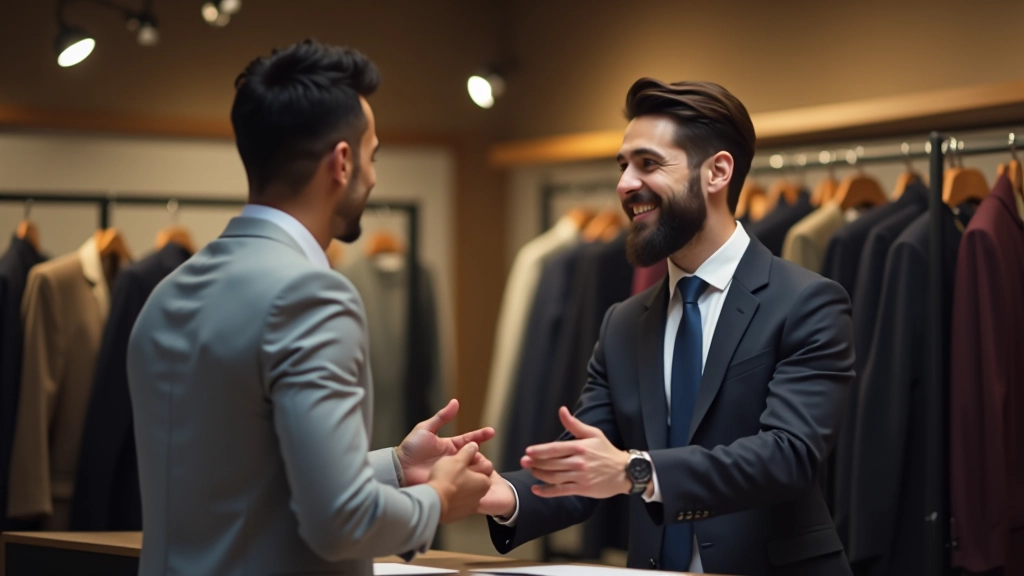 Vendedor conversando com cliente em loja de roupas, mostrando produto com gestos profissionais