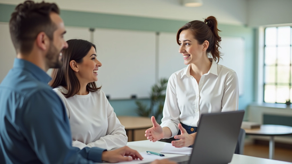Formação em inglês comercial com instrutor e participante em sala de aula moderna, conversando naturalmente
